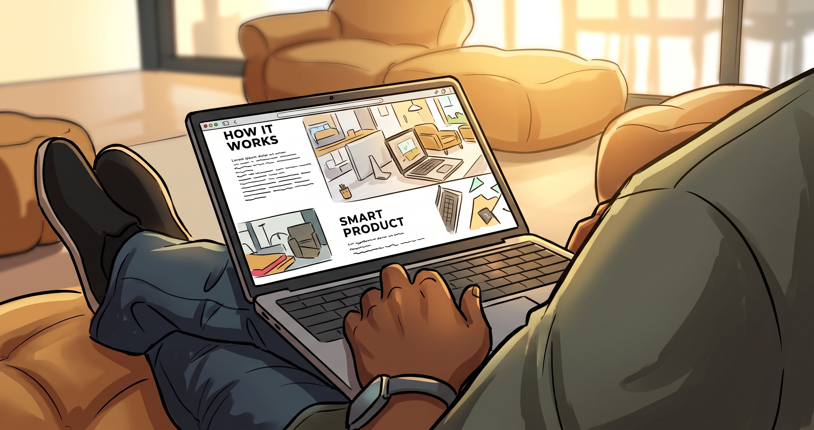A customer reading a business website on a laptop.