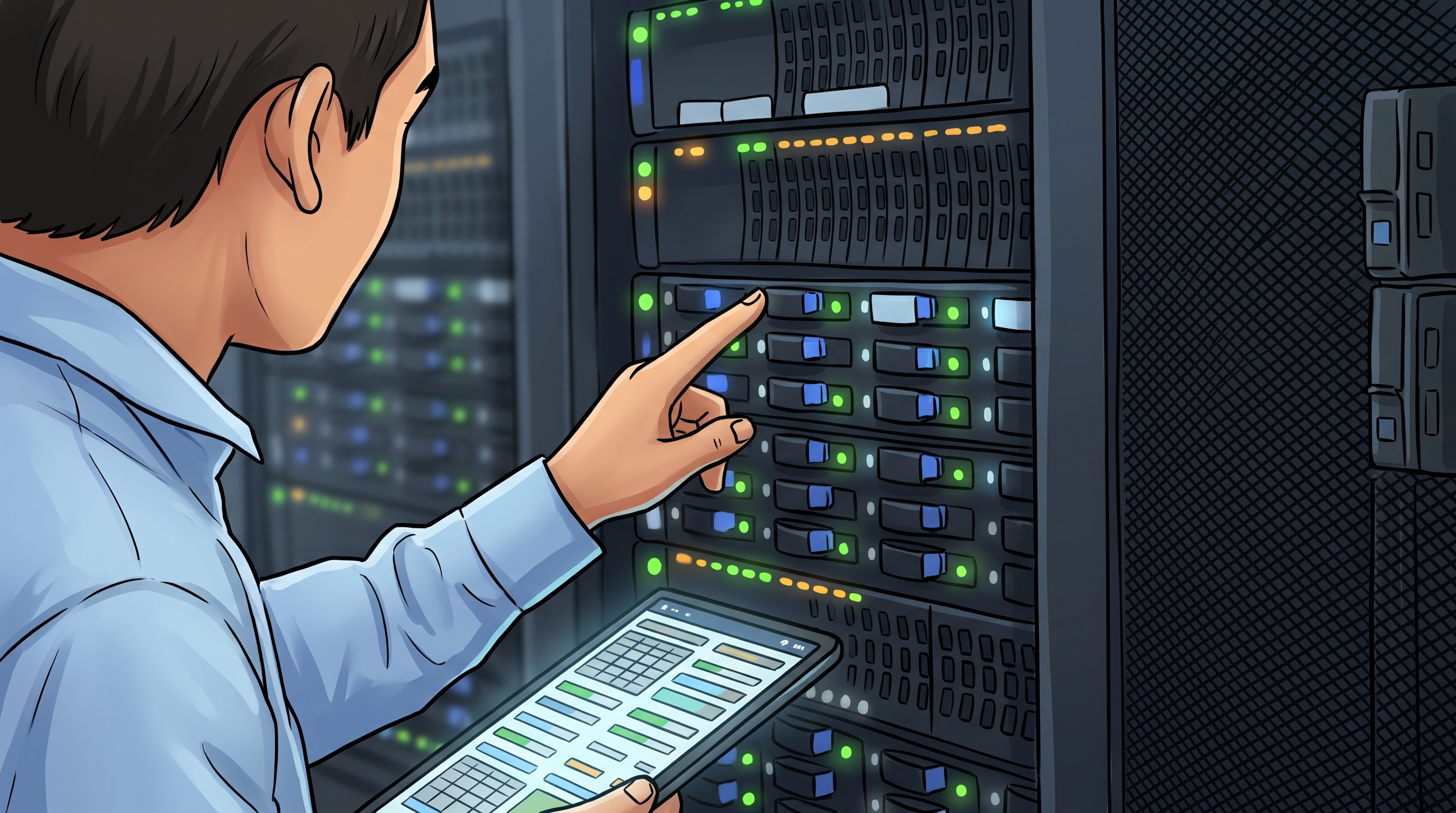 An engineer checking servers so a service can stay online.