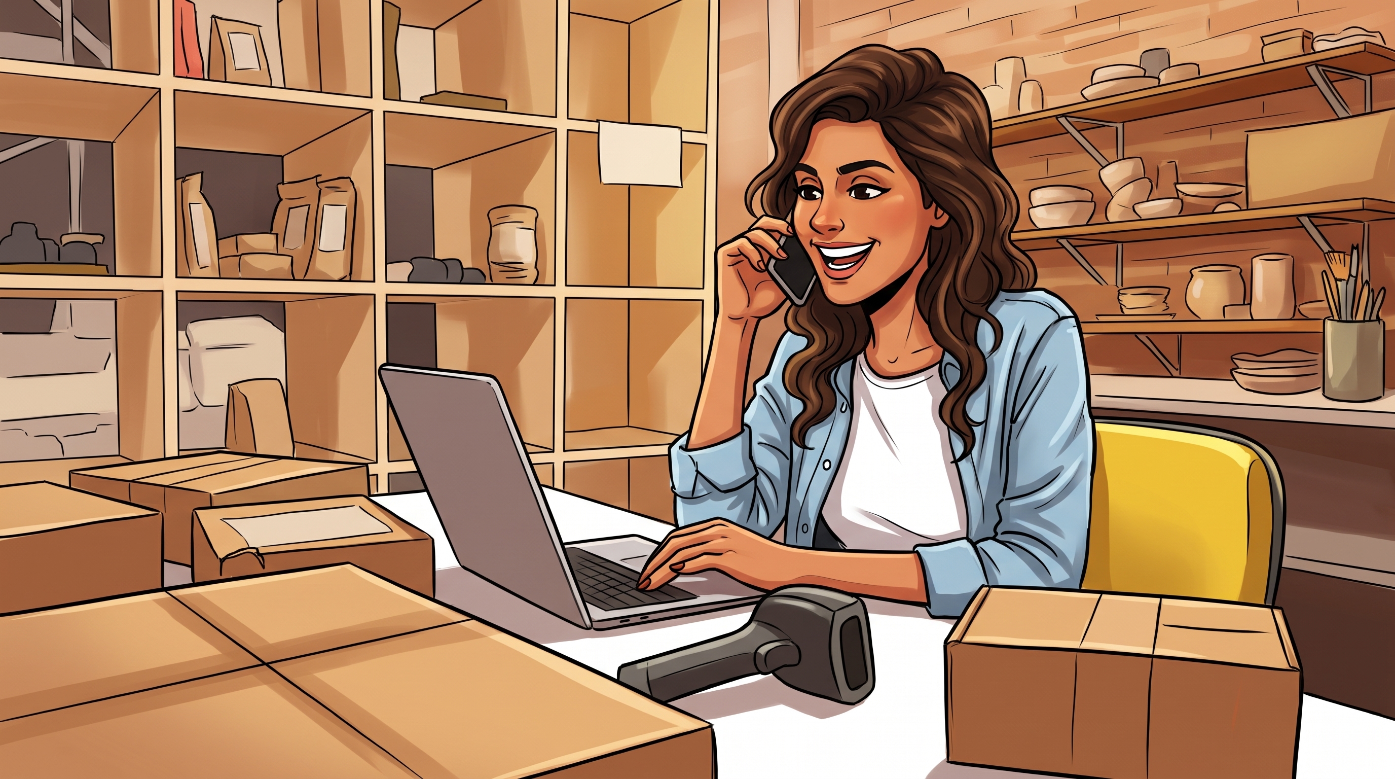 A small-business owner smiling on the phone while working on a laptop among shipping boxes.